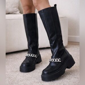 Black Knee High Chunky Platform Boots w/ Silver Chain – Size 7 – Edgy Moto Chic